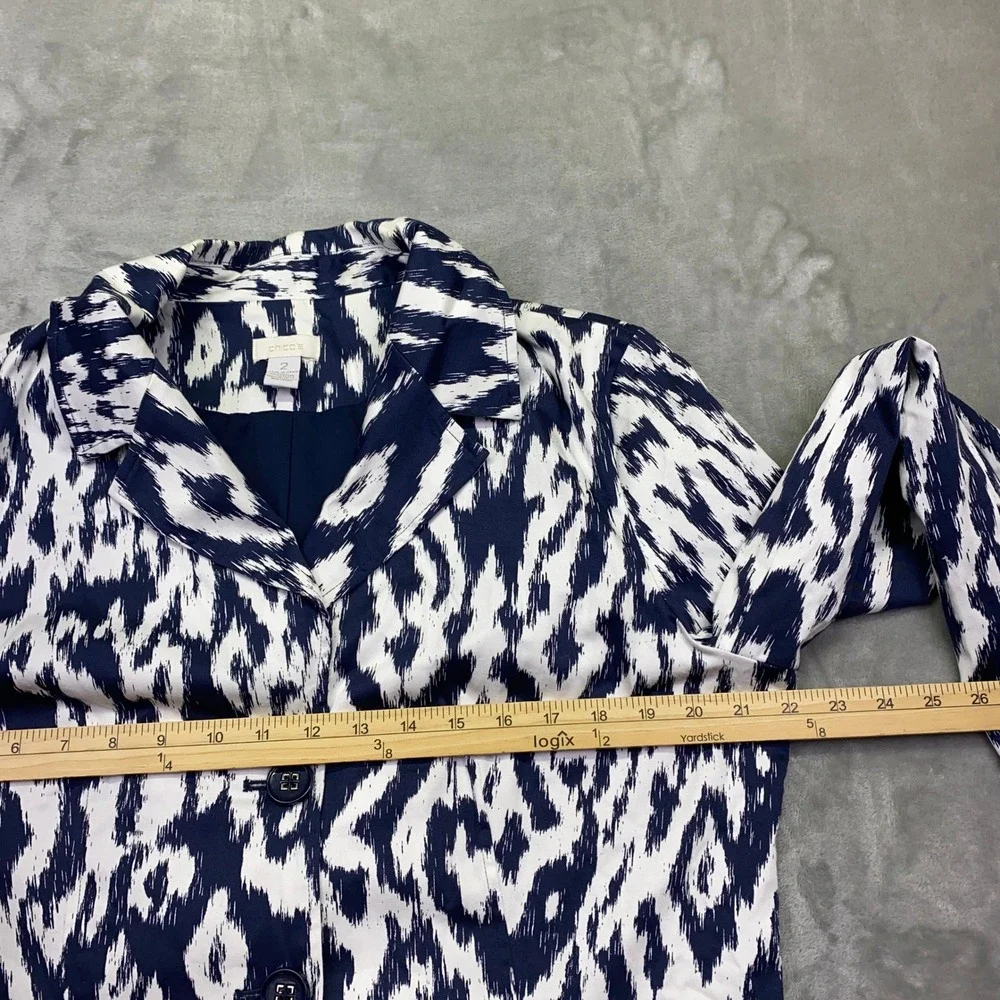 Chico's Eileen Navy White Ikat Print Blazer Jacket Sz 2‎ Cotton Blend 3-Button